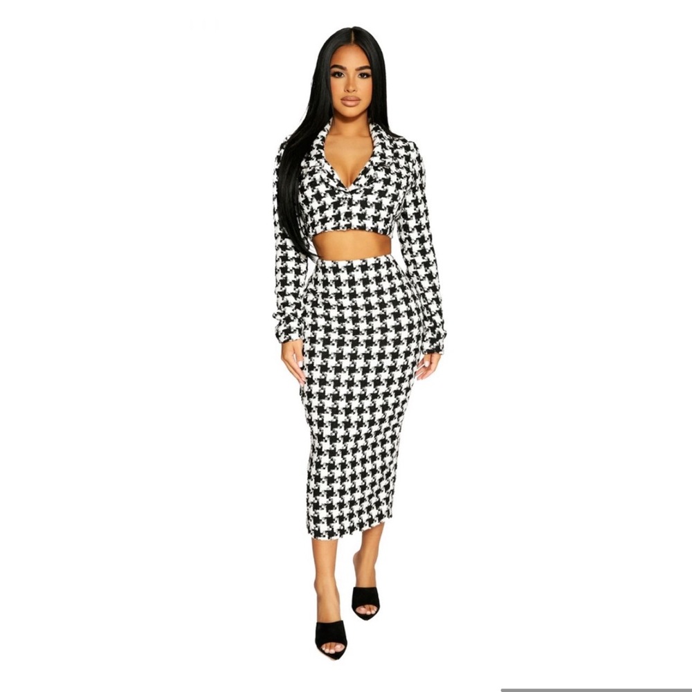 Naked wardrobe houndstooth black white midi pencil skirt